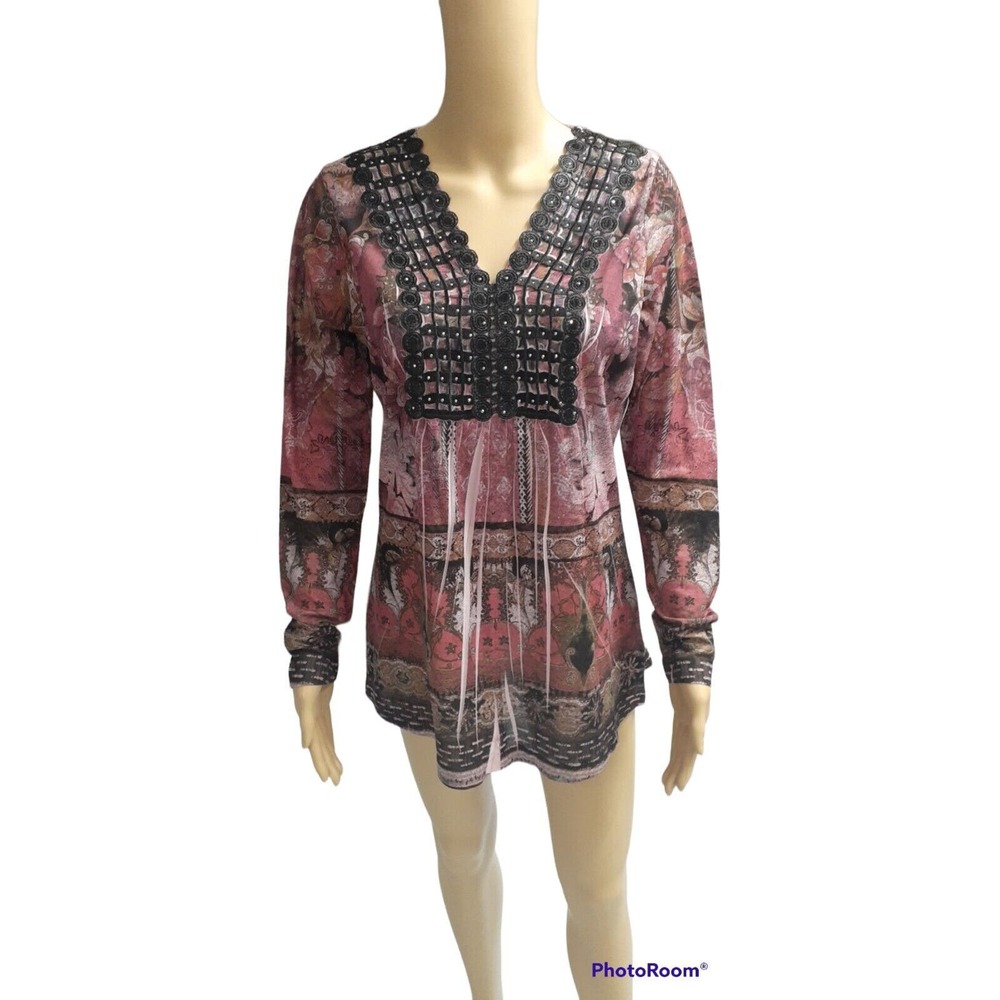 World Unity Medium V-Neck Pullover Purple Floral Tunic Blouse